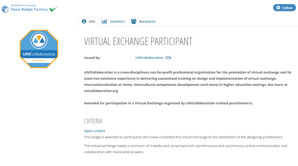 Criteria page of an open badge awarded for participating in Virtual Exhange